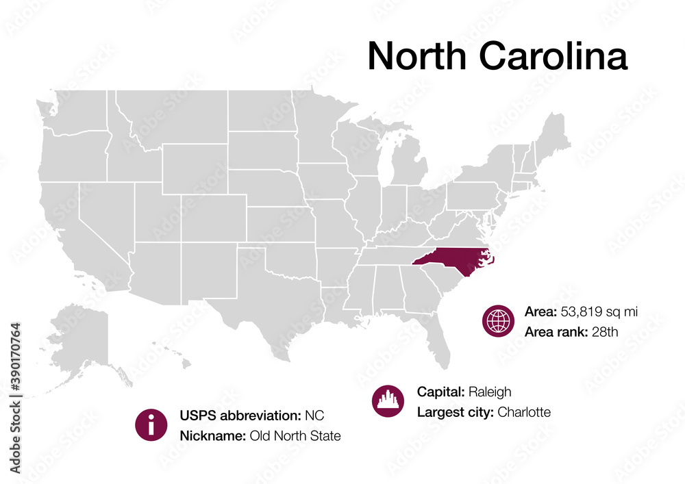 Map of North Carolina state with political demographic information and biggest cities Map of North Carolina state with political demographic information and biggest cities