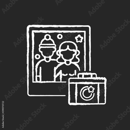 Winter photoshoot chalk white icon on black background. Family festive photo. Couple portrait. Wife and husband pose for shot. Romantic Christmas activity. Isolated vector chalkboard illustration