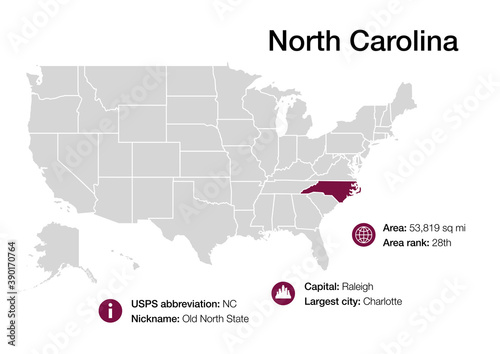 Map of North Carolina state with political demographic information and biggest cities