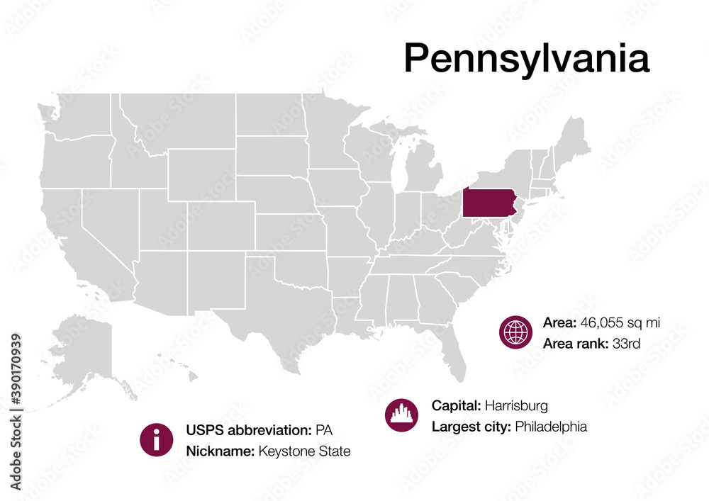 Map of Pennsylvania state with political demographic information and biggest cities