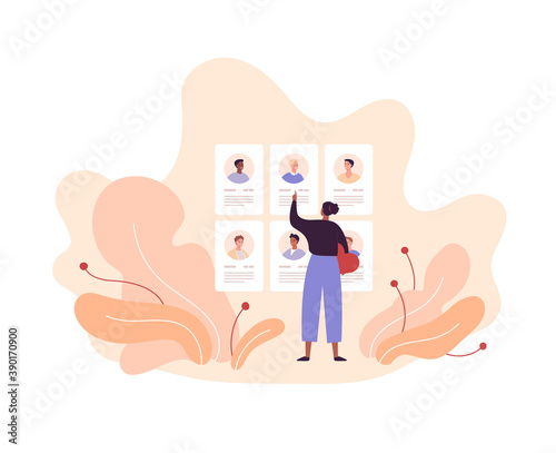 Online dating service concept. Vector flat people illustration. African american woman standing with heart shape love symbol choosing from men profile with portrait. Design for banner, web.