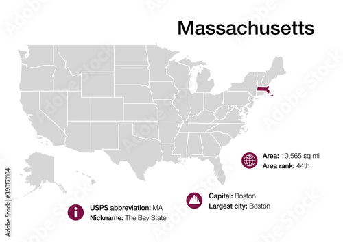 Map of Massachusetts state with political demographic information and biggest cities