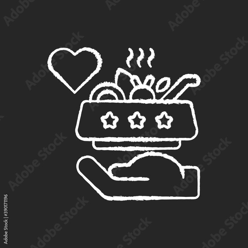 Soup kitchen volunteer chalk white icon on black background. Christmas holiday charity. Food donation to homeless. Church dinner. Winter season social aid. Isolated vector chalkboard illustration