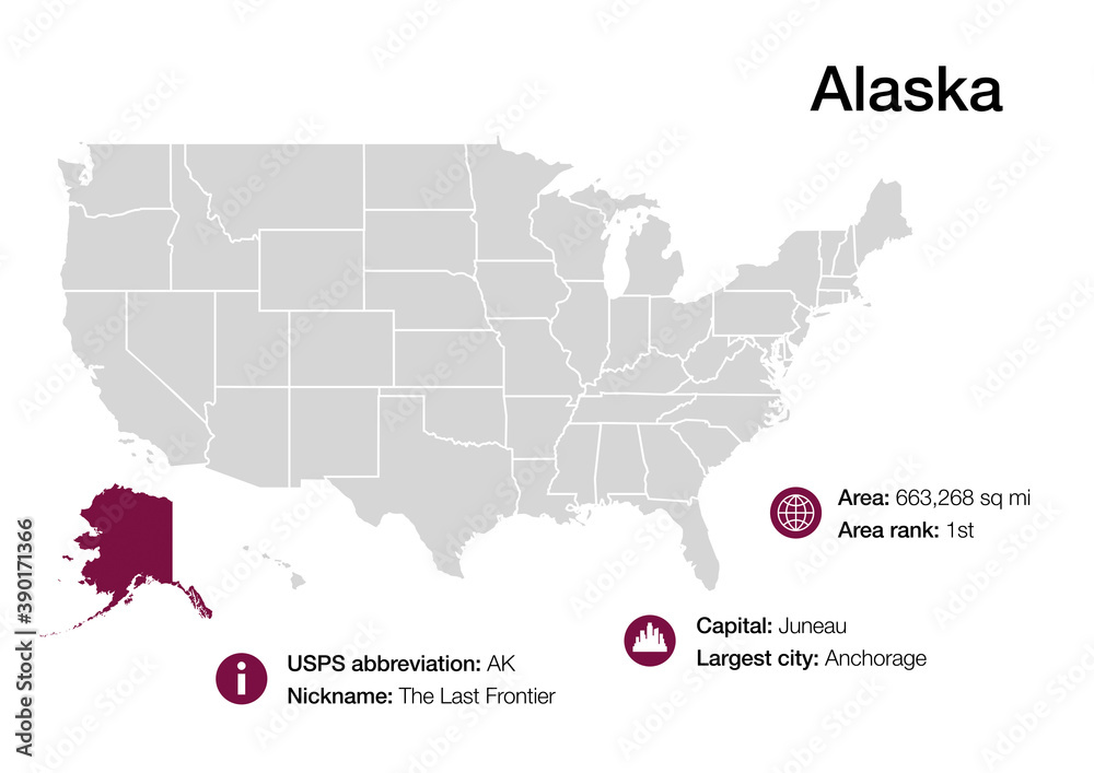 Map of Alaska state with political demographic information and biggest cities