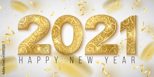 Happy New Year 2021 banner. Golden glittering numbers with confetti and tinsel on a bright background. Gift card for a holiday event. Vector illustration