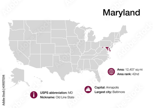 Map of Maryland state with political demographic information and biggest cities