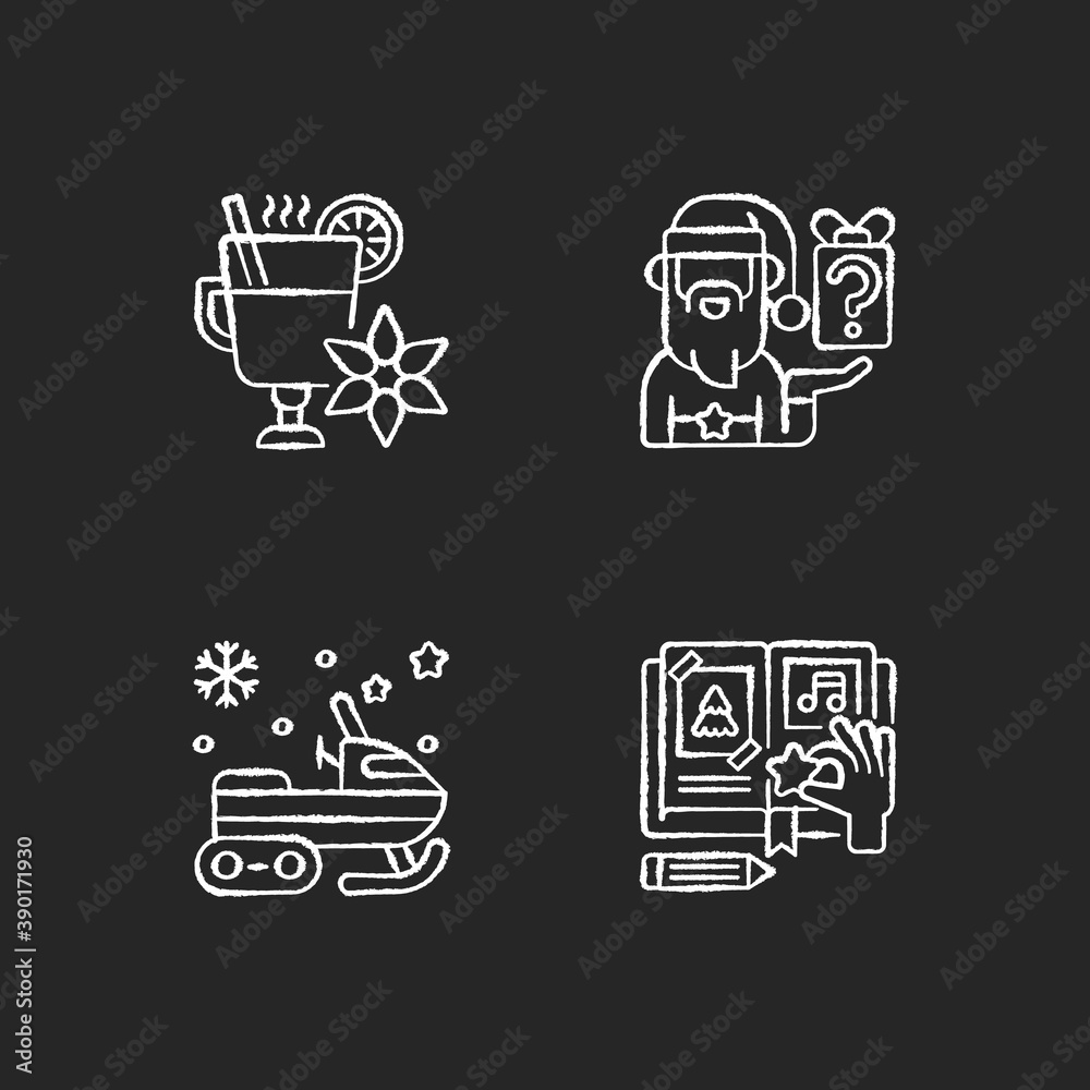 Christmas time recreation chalk white icons set on black background. Mulled wine. Secret Santa tradition. Snowmobile ride. DIY scrapbooking. Winter holiday. Isolated vector chalkboard illustrations Christmas time recreation chalk white icons set on black background. Mulled wine. Secret Santa tradition. Snowmobile ride. DIY scrapbooking. Winter holiday. Isolated vector chalkboard illustrations