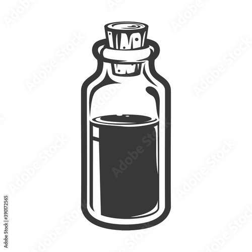 Hand drawn glass bottle in cartoon vintage style isolated on white background. Monochrome vector illustration.