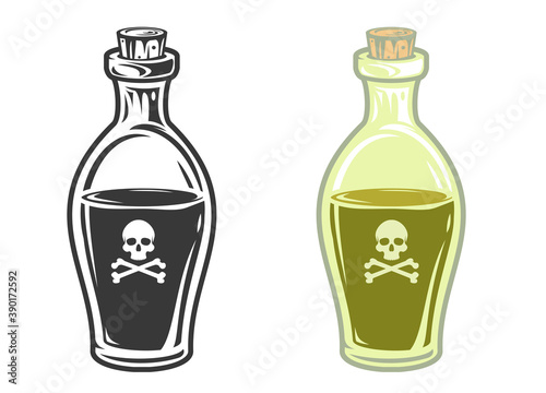 Hand drawn glass bottle with poison in cartoon vintage style isolated on white background. Vector illustration.