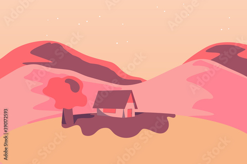 Abstract house in the mountain. Nature texture and adventure life. star in sky. for poster, wallpaper and media. design esp10.