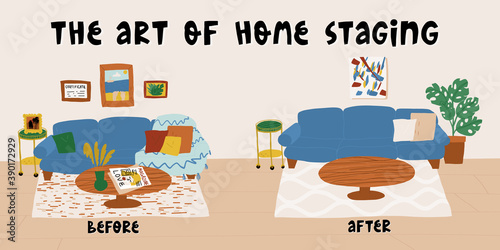 The art of home staging before and after banner template with modern living room furniture, decoration and lettering.