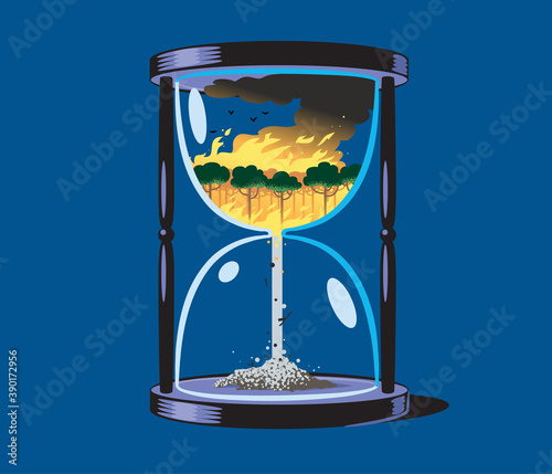 A burning forest inside an hourglass with ash pouring down.