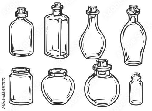 Set hand drawn empty glass jars and bottles in cartoon vintage style isolated on white background. Monochrome vector illustration.