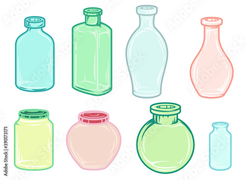 Set hand drawn empty color glass jars and bottles in cartoon vintage style isolated on white background. Bright vector illustration.