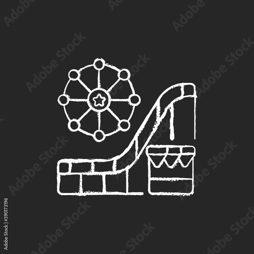 Amusement and theme park chalk white icon on black background. Vacation time. Events for entertainment purposes. Roller coasters. Exciting rides and games. Isolated vector chalkboard illustration