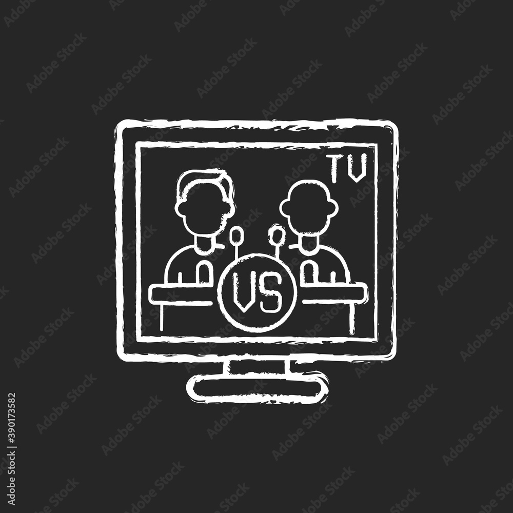 Televised debates chalk white icon on black background. General election campaign. United States presidential debates. Political rivals. Broadcast live. Isolated vector chalkboard illustration Televised debates chalk white icon on black background. General election campaign. United States presidential debates. Political rivals. Broadcast live. Isolated vector chalkboard illustration