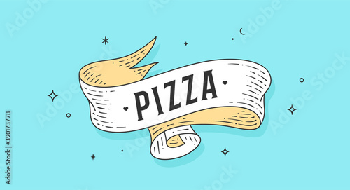 Pizza. Old school vintage ribbon, retro greeting card with ribbon, text Pizza. Old ribbon vintage banner in engraving style for fastfood, pizza. Vintage ribbon for poster. Vector Illustration