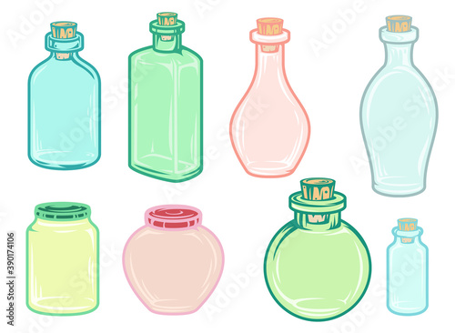 Set hand drawn empty color glass jars and bottles in cartoon vintage style isolated on white background. Bright vector illustration.