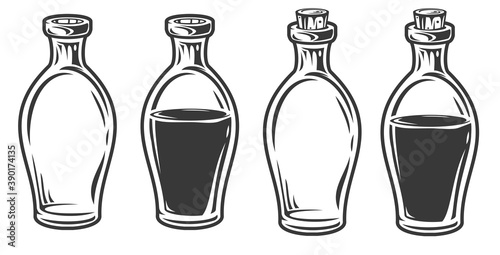 Set hand drawn empty and filled glass bottles in cartoon vintage style isolated on white background. Monochrome vector illustration.