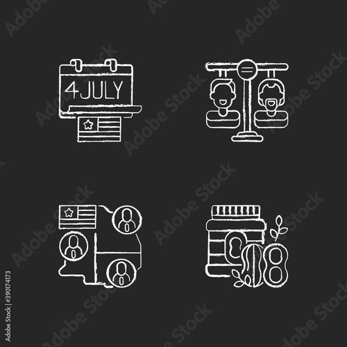 United States chalk white icons set on black background. Independence day. Equality. Electoral college. Peanut butter. Federal holiday in United States. Isolated vector chalkboard illustrations