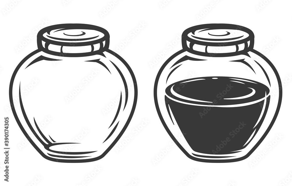 Set hand drawn empty and filled glass jar in cartoon vintage style isolated on white background. Monochrome vector illustration. Set hand drawn empty and filled glass jar in cartoon vintage style isolated on white background. Monochrome vector illustration.