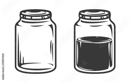 Set hand drawn empty and filled glass jar in cartoon vintage style isolated on white background. Monochrome vector illustration.