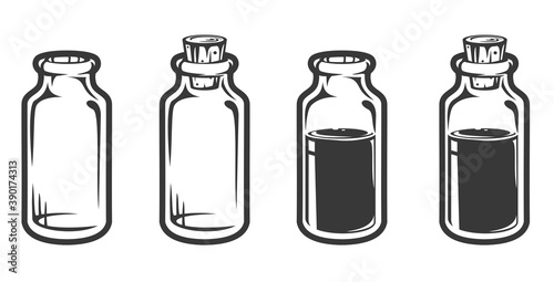 Set hand drawn empty and filled glass bottles in cartoon vintage style isolated on white background. Monochrome vector illustration.