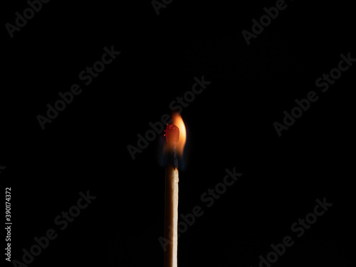 Burned match stick isolated on black background.