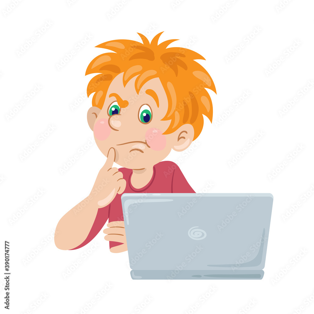 Online education for children. Funny puzzled boy looks at the laptop screen. In cartoon style. Isolated on white background. Vector flat illustration. Online education for children. Funny puzzled boy looks at the laptop screen. In cartoon style. Isolated on white background. Vector flat illustration.