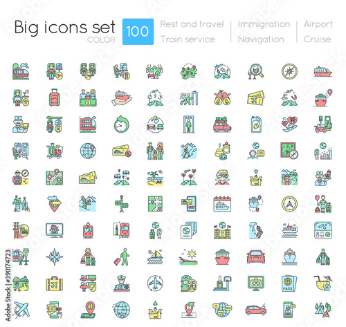 Rest and travel multicolor RGB color icons set. Train service. Vacation holiday. Immigration and navigation. Airport. Cruise line. Isolated vector illustrations