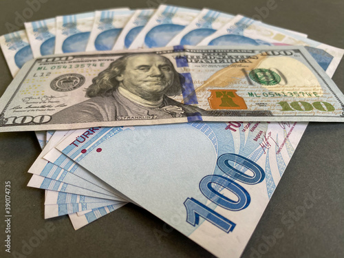 Turkish Liras and one hundred American Dollar. Turkish lira depreciates against the US dollar photo