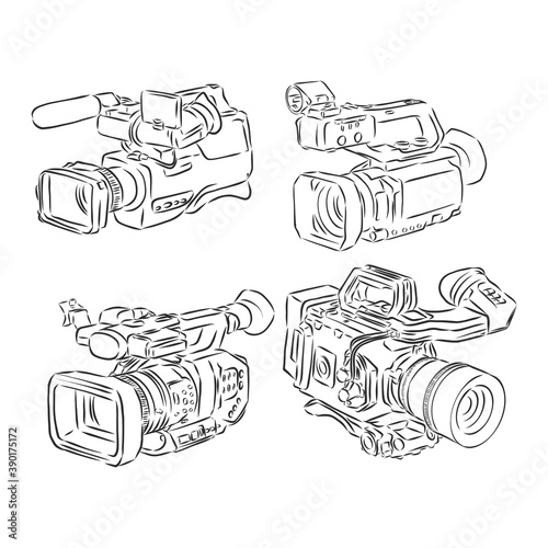 video and photo cameras collection isolated illustration in simple black lines. video camera vector sketch illustration