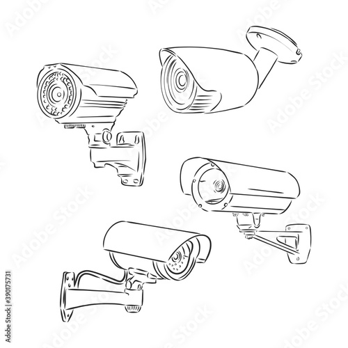 Outdoor surveillance camera. Doodle style, security camera vector sketch illustration