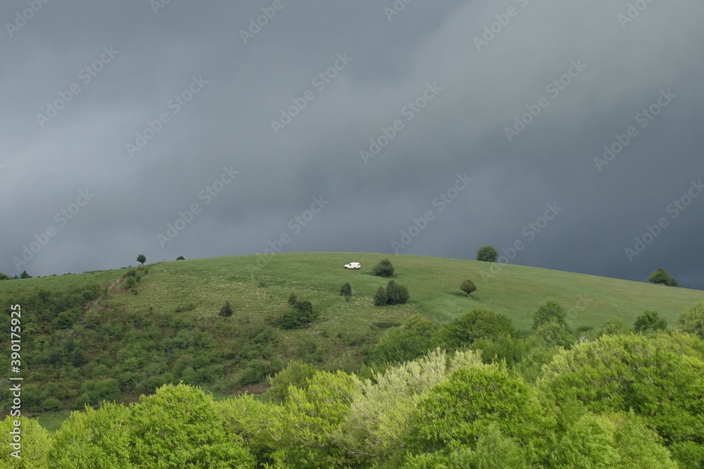 Obraz premium 豪雨前の丘を走る白い車