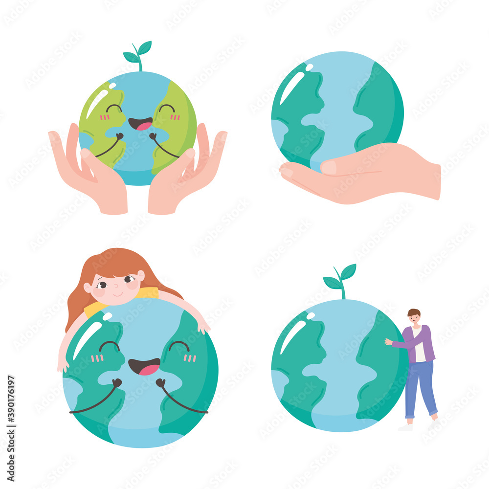 save the planet, set globe map hands and people care icons save the planet, set globe map hands and people care icons