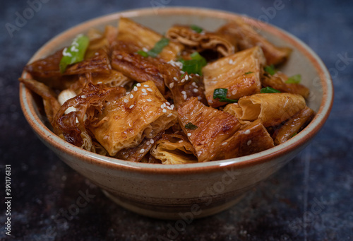 Japanese vegan teriyaki yuba tofu skins in bowl