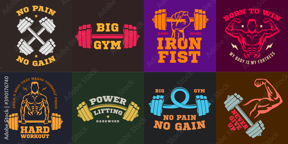 Set of color concept composition for sport gym, fitness bodybuilding. Design elements for emblem, print, badge, label in vintage style. Vector illustration.