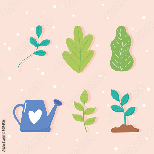 save the planet, watering can plant growth and leaves icons