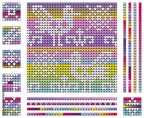 Elemets of Christmas knitting pattern with birds. Neon colors gradient background