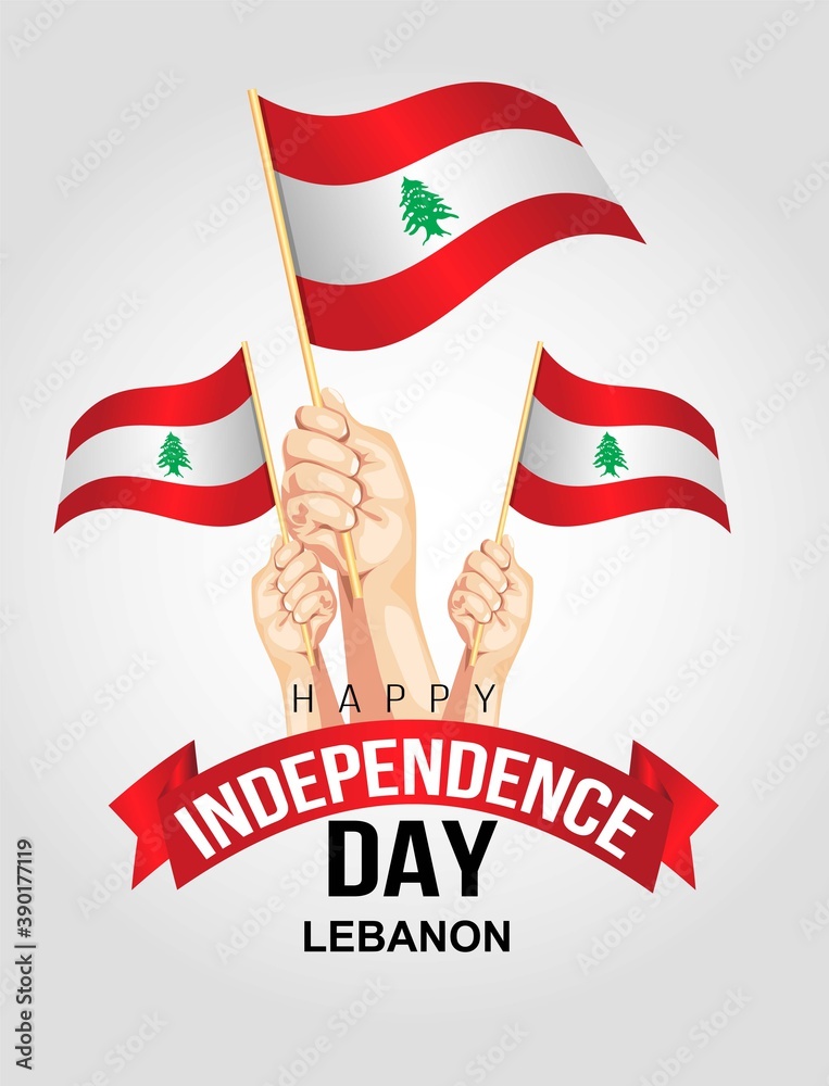 Lebanon Independence day with hand holding flags. vector illustration