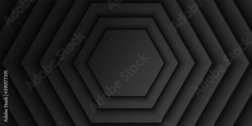 Abstract black hexagonal overlap layer background, hexagon shape pattern, dark minimal design with copy space, vector illustration
