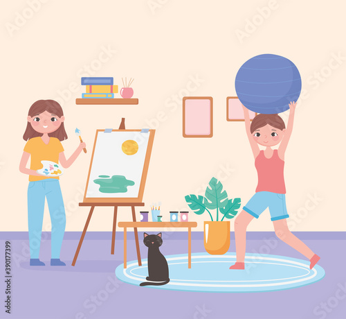 daily routine scene, girl painting on canvas and woman practicing exercise in home