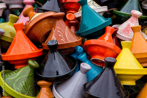 Colorful miniature tagines for sale in Marrakech, Morocco 