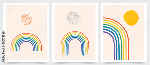 Vector illustration. Doodle hand drawn elements. Abstract posters set. Contemporary backgrounds. Colorful rainbow. Design for postcard, book cover, brochure, flyer, brochure. 50s, 60s retro graphic