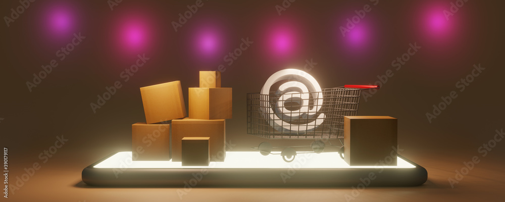 Fototapeta premium Paper cartons or parcel and a shopping cart. Online shopping store with smartphone, 3d rendering