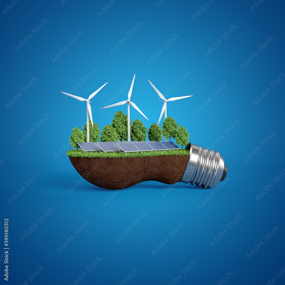Fotografie Solar panels and windmills. Allegory light bulb. Blue version.