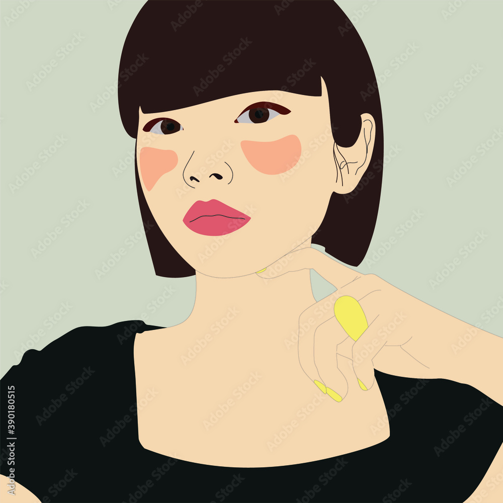 Portrait of a beautiful girl. Young asian brunette woman. Girl is posing. Fashion and beauty. Vector illustration in flat style. Portrait of a beautiful girl. Young asian brunette woman. Girl is posing. Fashion and beauty. Vector illustration in flat style.