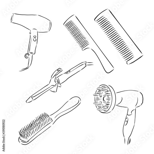 Vector hand drawn illustration of hair salon in vintage engraved style. hairbrush hair dryer vector sketch illustration