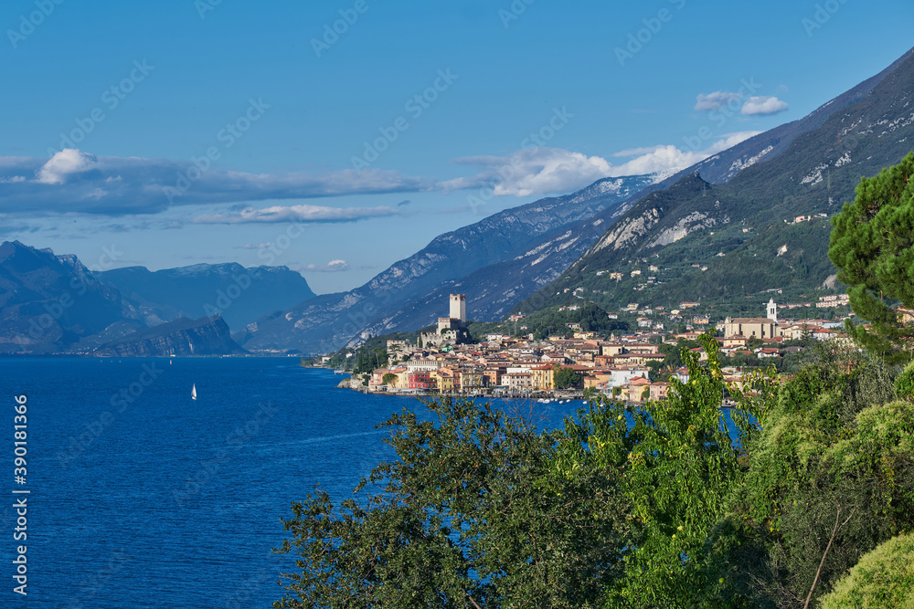 Panoramic view of the old town of Malcesine. Italian resort on Lake Garda. Scaliger Castle in Malcesine Lake Garda Italy. Palazzo dei Capitani is a historic building in Italy.