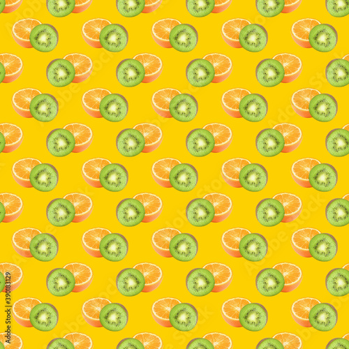 Seamless pattern, tropical fruits kiwi and orange on a yellow background.
